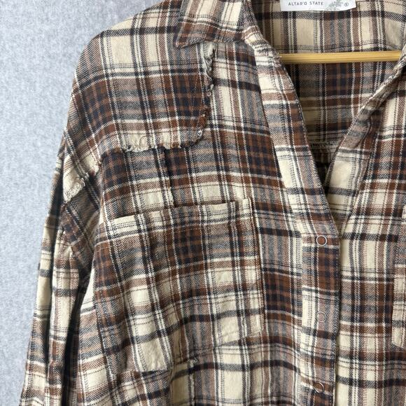 Altard State Flannel Shirt Womens Small Oversized Plaid Boho Western Raw Hem - Picture 3 of 12